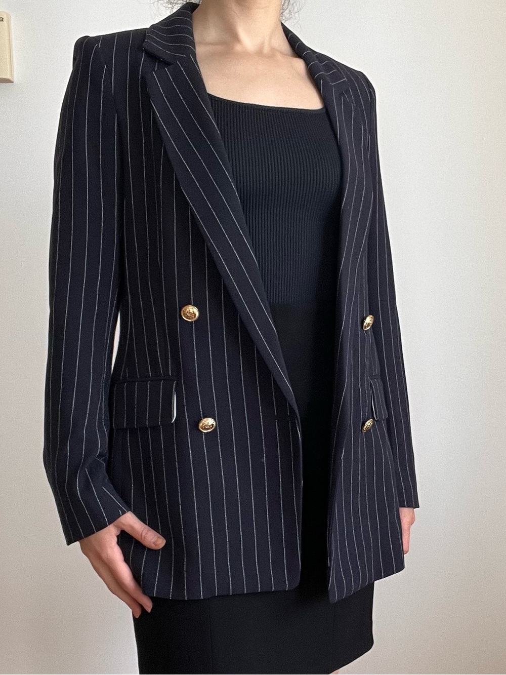 Classic Double-Breasted Pinstripe Blazer - Deep Dark Blue